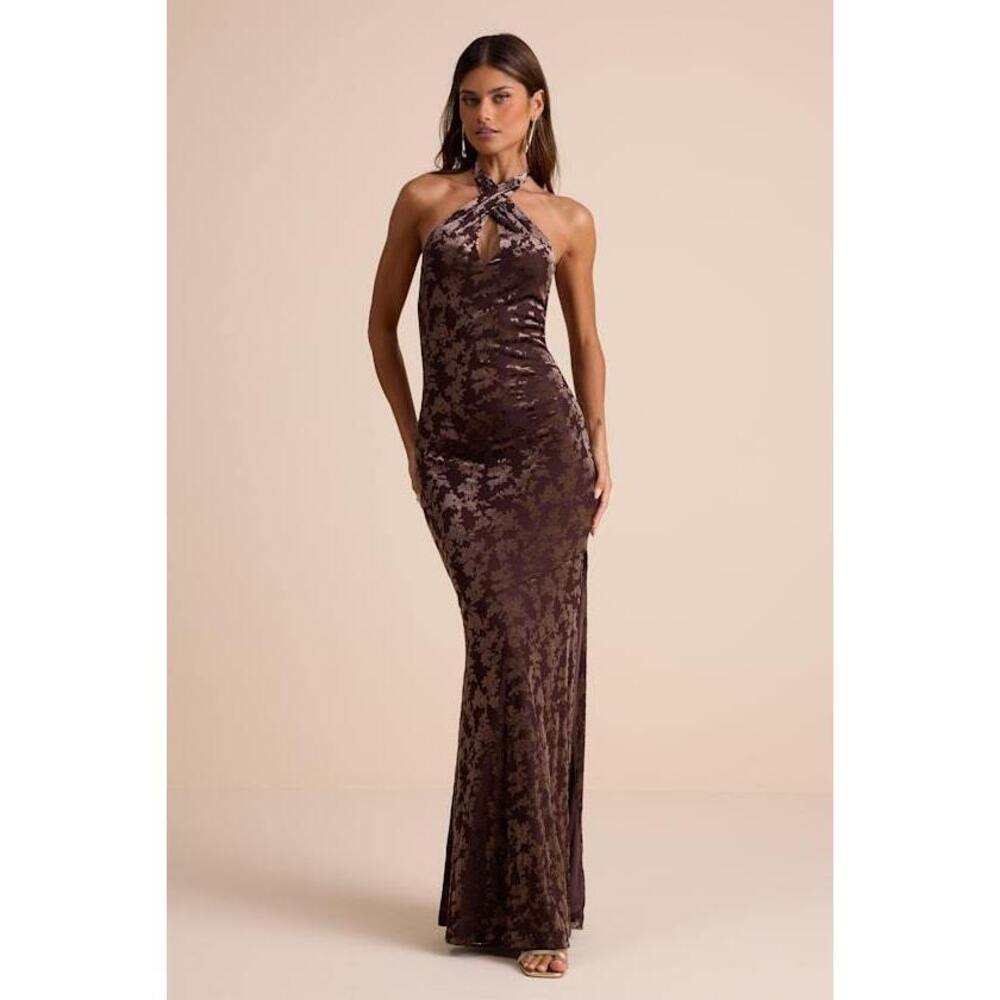 Lulus Sharon Brown Velvet Burnout Halter Maxi Dress - Size XS